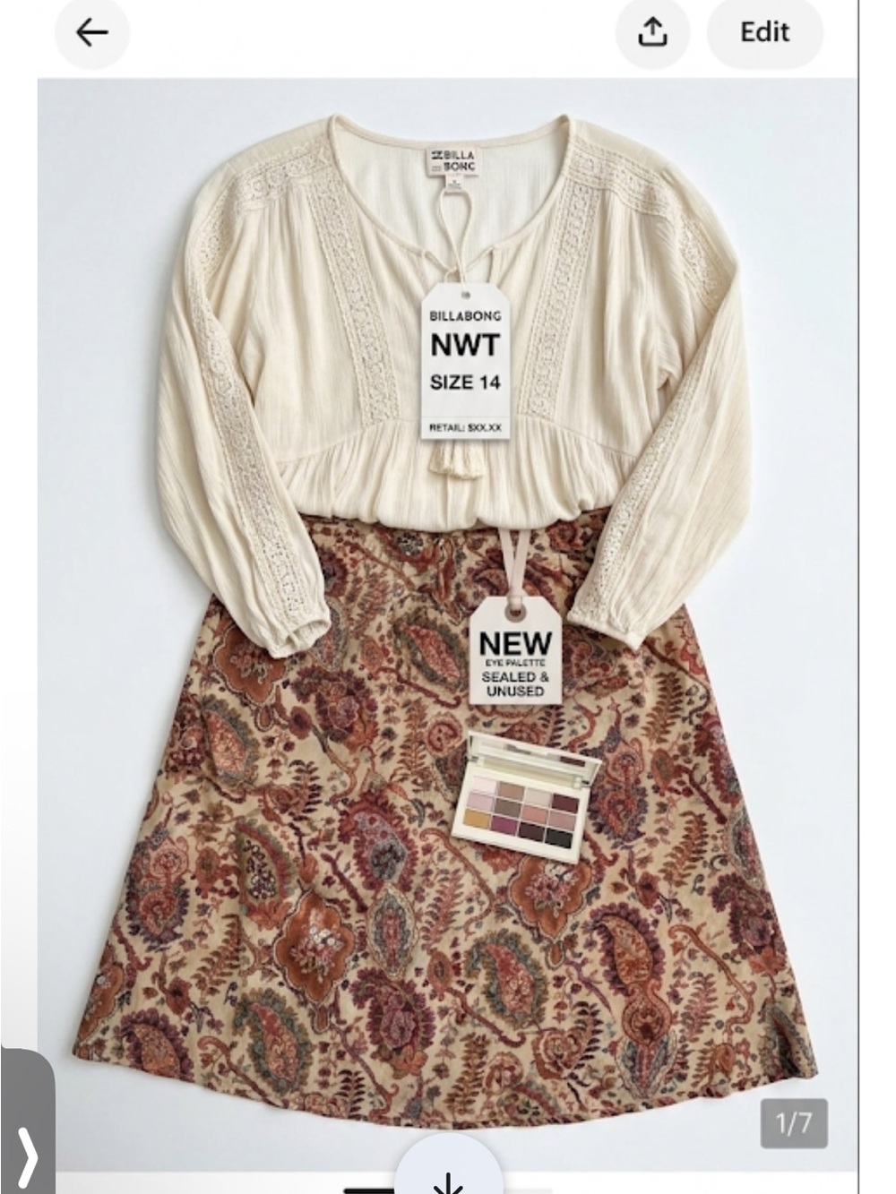 Billabong Cream Textured Peasant Top Sundance skirt makeup pallet